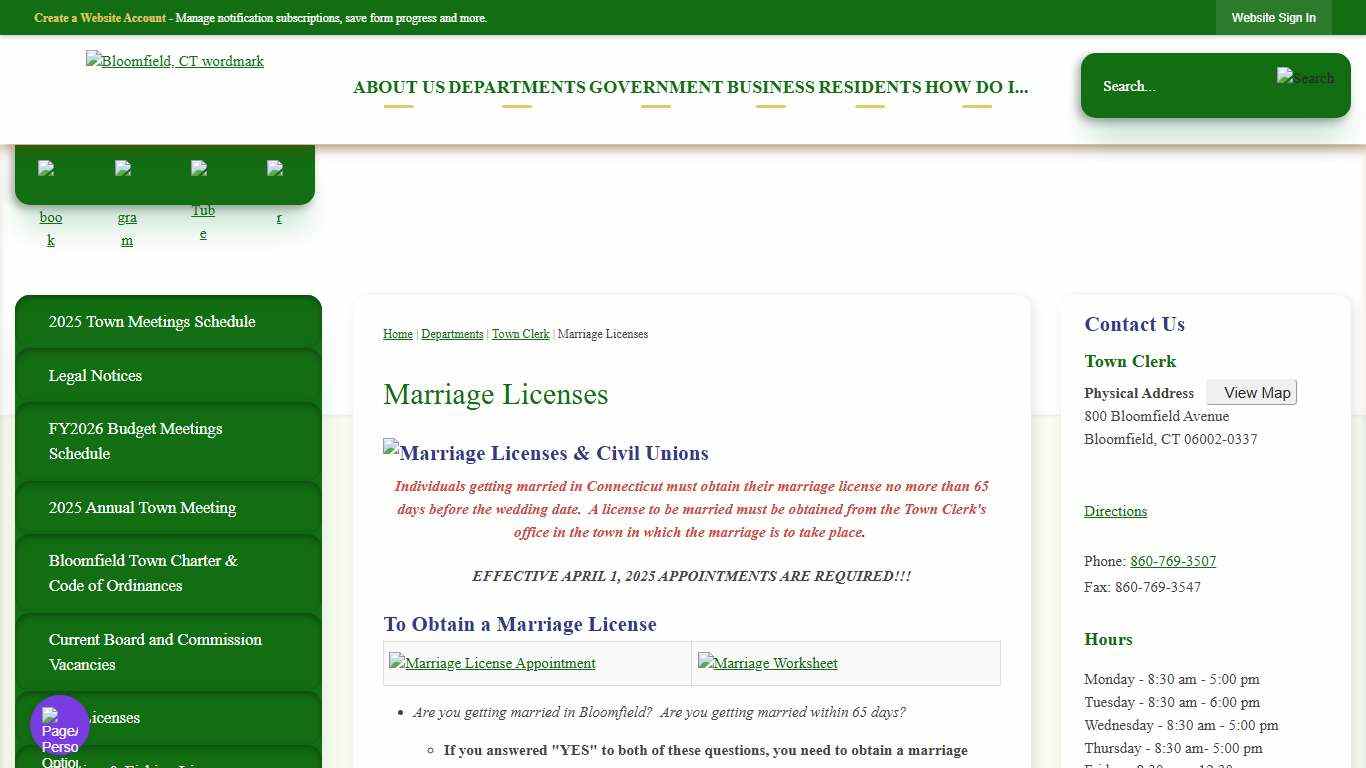 Marriage Licenses Bloomfield, CT