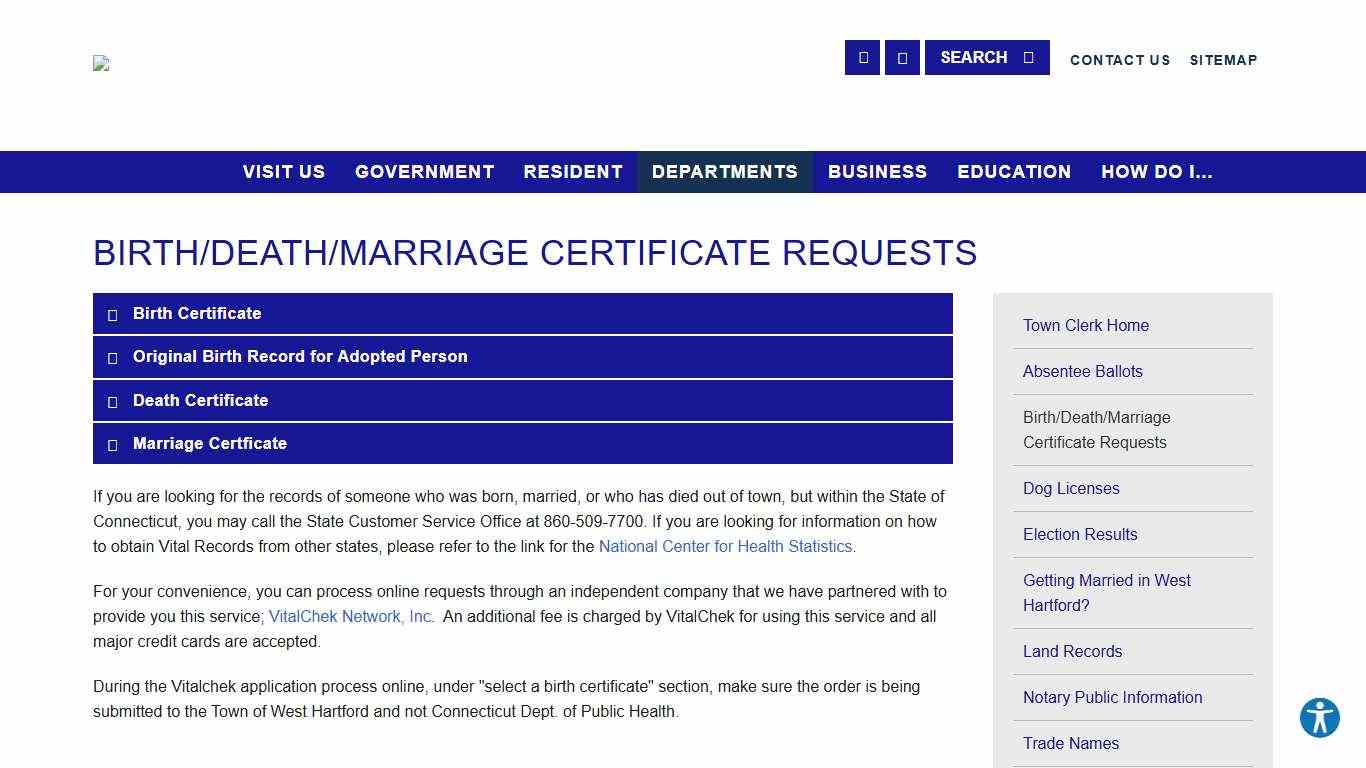 Birth/Death/Marriage Certificate Requests - Town of West Hartford